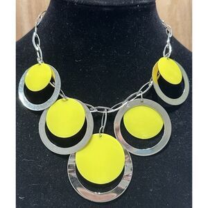 Yellow Silver Tone Circle Disks Statement Necklace Funky Colorful Collar Boho